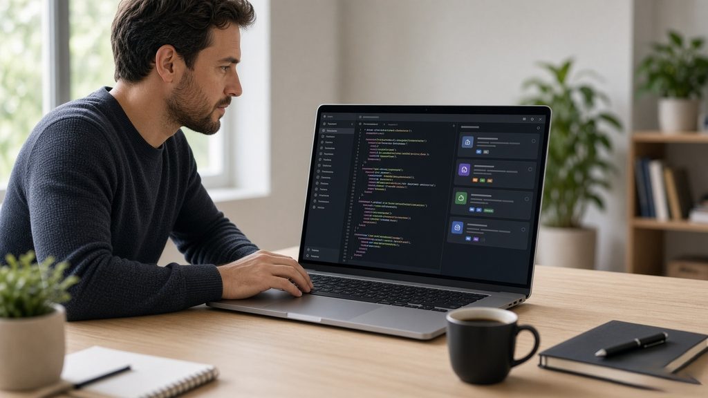 Developer comparing source code marketplace listings on a laptop in a bright office.