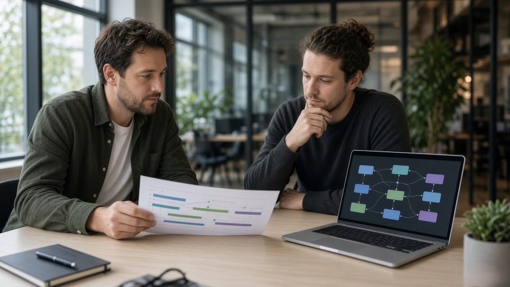 Founder and developer comparing a product roadmap with marketplace script options